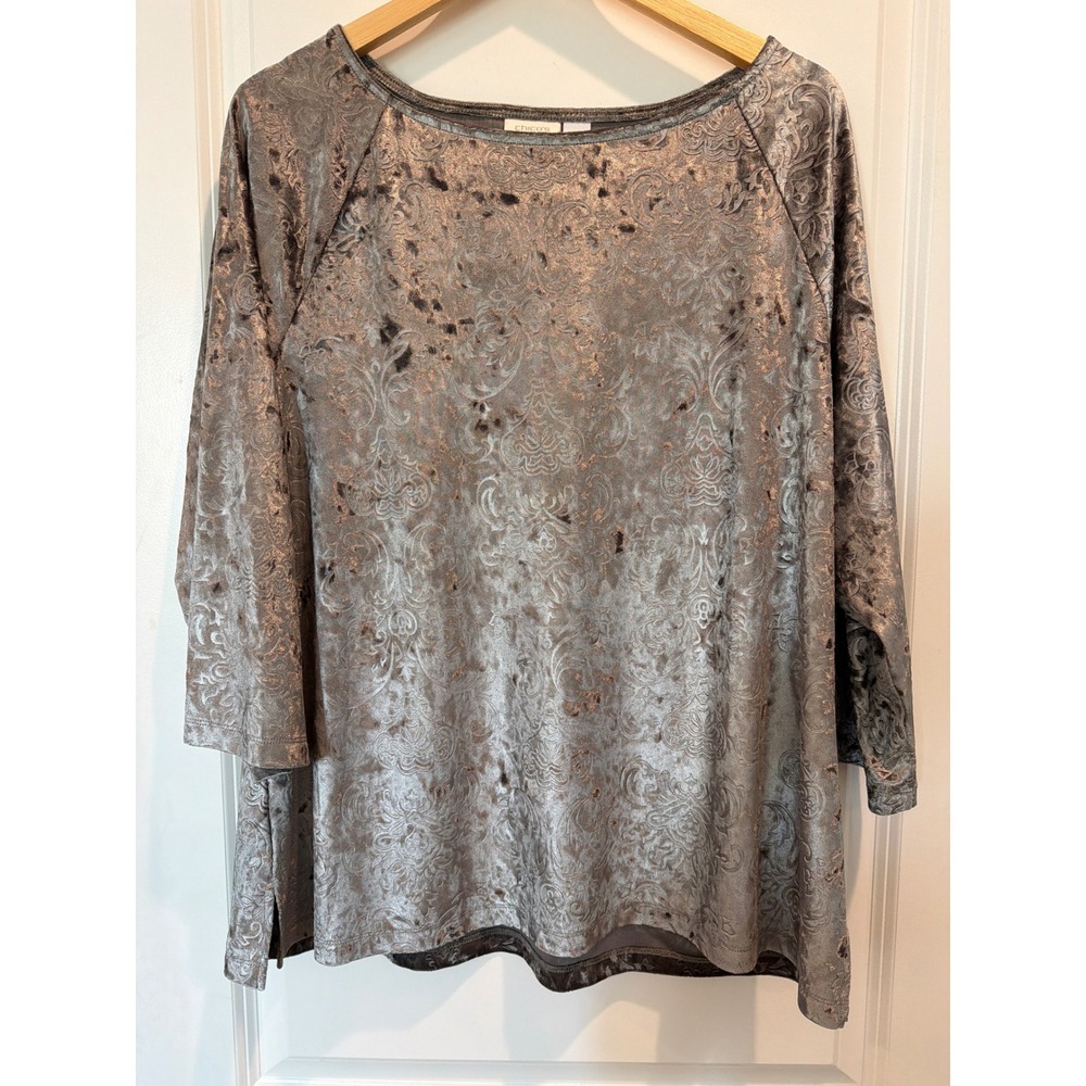 Chicos Velvet Burnout Tunic Top Metallic Grey Damask 3/4 Sleeve Size 3 Large XL